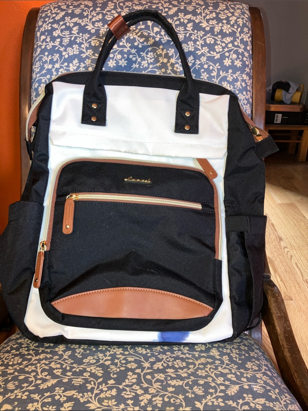 Canvas Black & White Laptop Backpack with Brown Trim